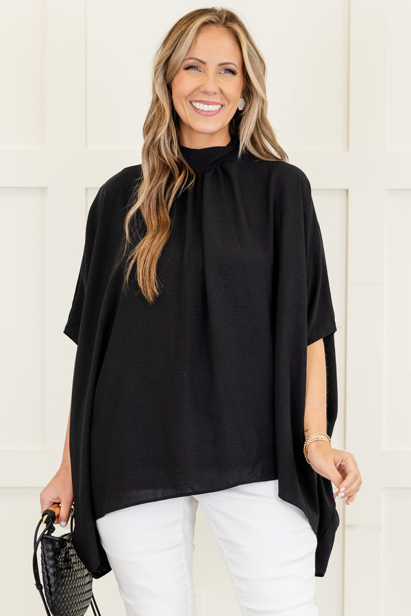 Chic Soul plus size clothing, short-sleeve black flowy high-low hemline top with a mockneck 