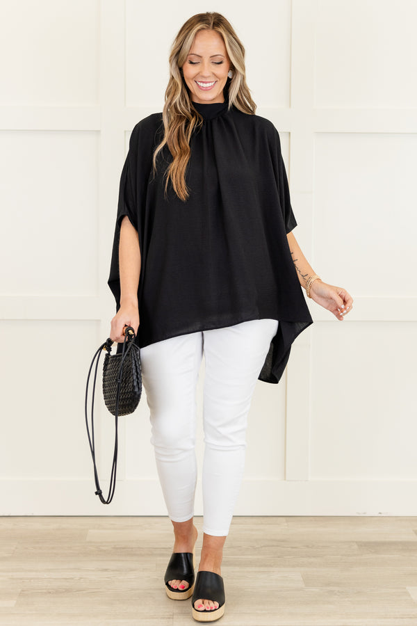 Chic Soul plus size clothing, short-sleeve black flowy high-low hemline top with a mockneck 