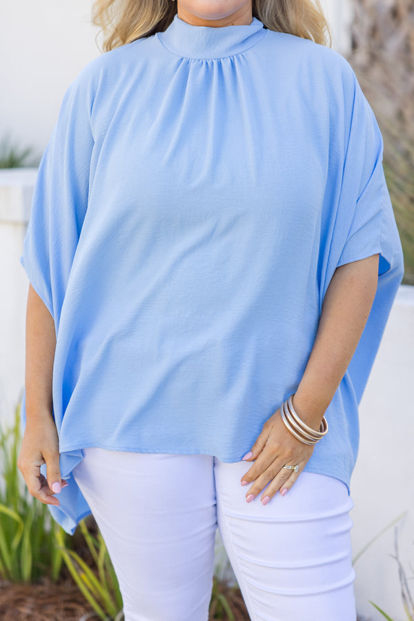 Chic Soul plus size clothing, light blue flowy silk top with a high neck and short sleeves 