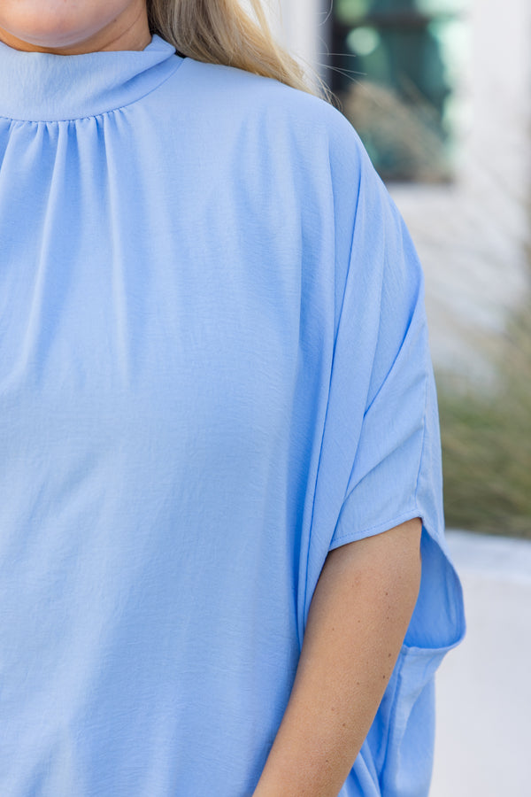 Chic Soul plus size clothing, light blue flowy silk top with a high neck and short sleeves 