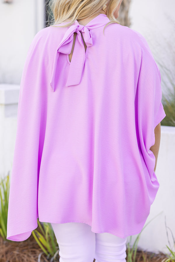 Chic Soul plus size clothing, lilac flowy high neck top with short sleeves 