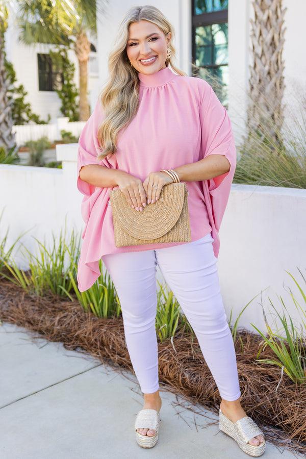 Chic Soul plus size clothing, pink flowy high neck silk top with short sleeves and a back tie 