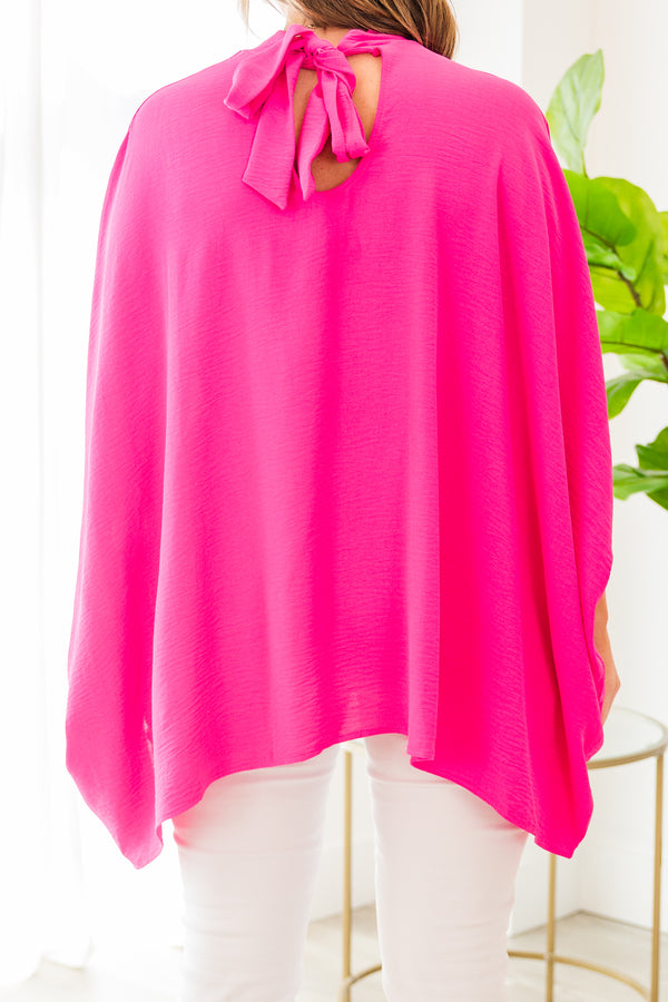 Chic Soul plus size clothing, flowy ultra pink short sleeve top with longer length on sides and sleeves with mock neck detail and bow tie in the back