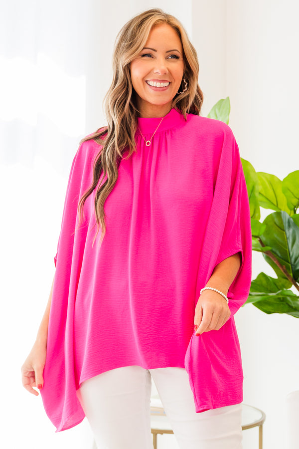 Chic Soul plus size clothing, flowy ultra pink short sleeve top with longer length on sides and sleeves with mock neck detail and bow tie in the back