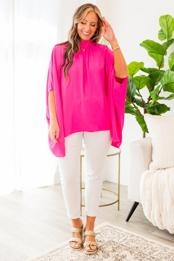 Chic Soul plus size clothing, flowy ultra pink short sleeve top with longer length on sides and sleeves with mock neck detail and bow tie in the back