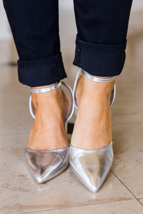 Chic Soul plus size clothing, silver block heels with pointed toe in shiny silver with ankle strap detail