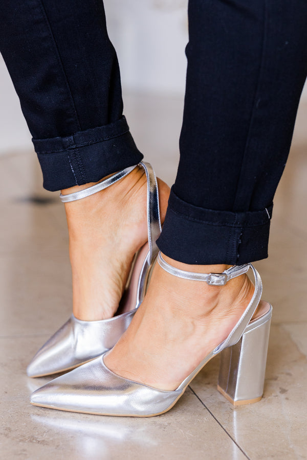 Chic Soul plus size clothing, silver block heels with pointed toe in shiny silver with ankle strap detail