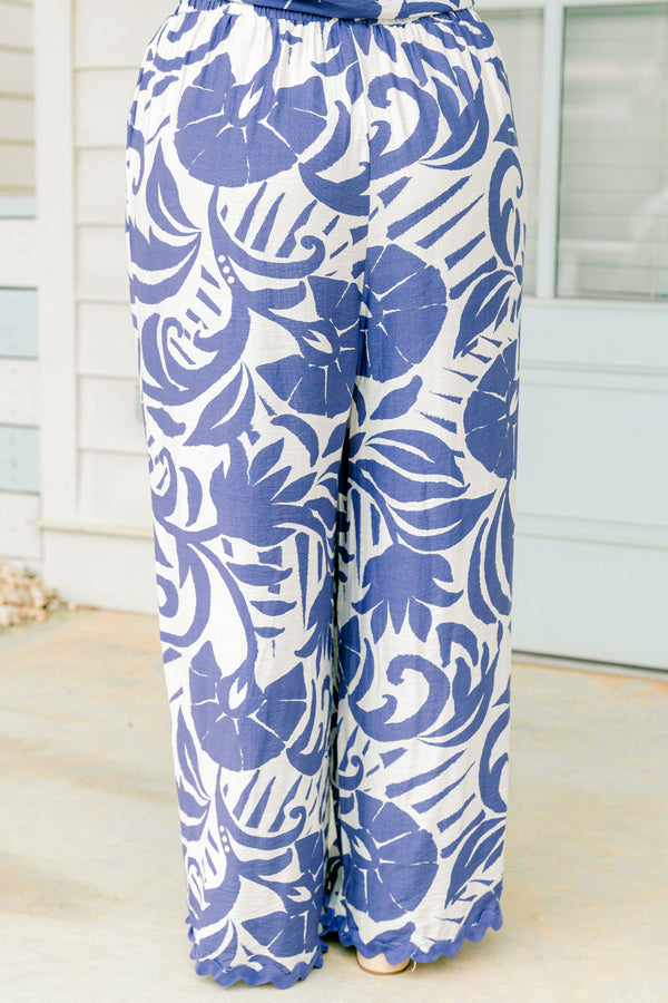 Chic Soul plus size clothing, white pants with dark periwinkle floral pattern