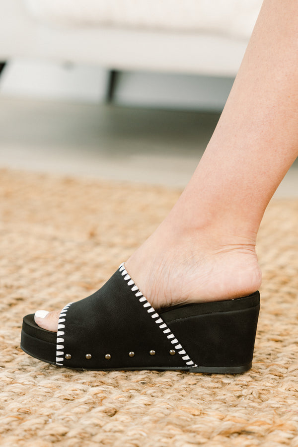 Chic Soul plus size clothing, black wedges with a strap across the foot that has white stitching details 
