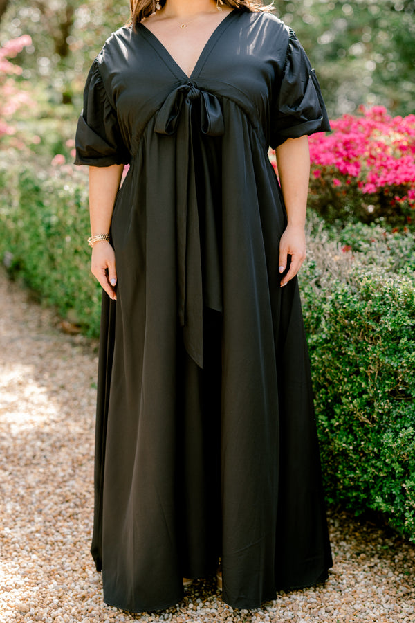 Chic Soul plus size clothing, short sleeve deep v-neckline black maxi dress with tie in the middle and ruffled sleeves