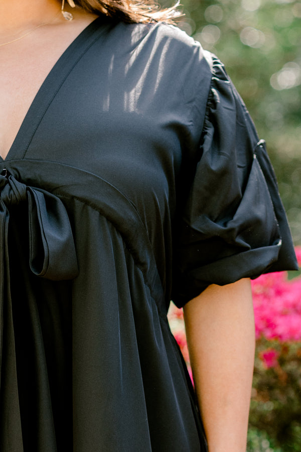 Chic Soul plus size clothing, short sleeve deep v-neckline black maxi dress with tie in the middle and ruffled sleeves