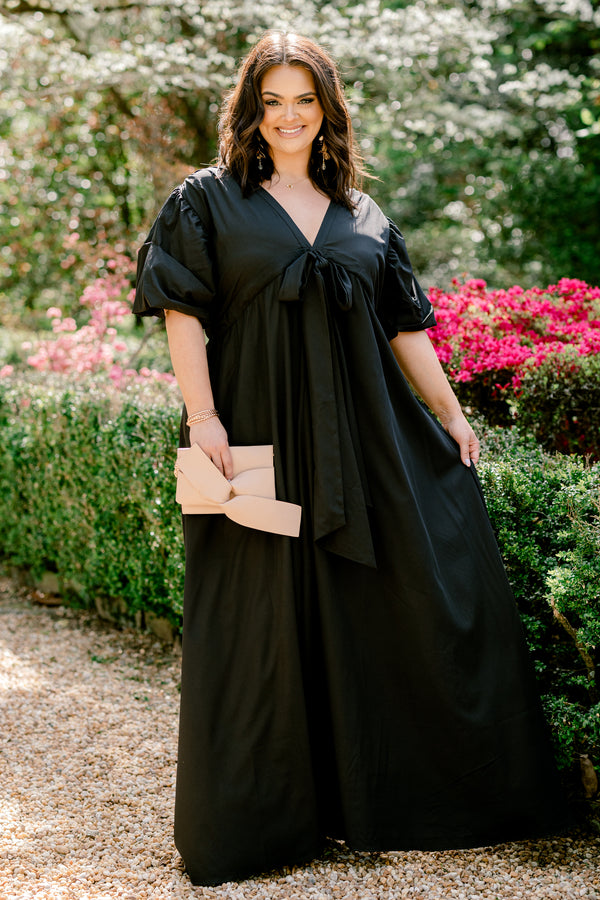 Chic Soul plus size clothing, short sleeve deep v-neckline black maxi dress with tie in the middle and ruffled sleeves