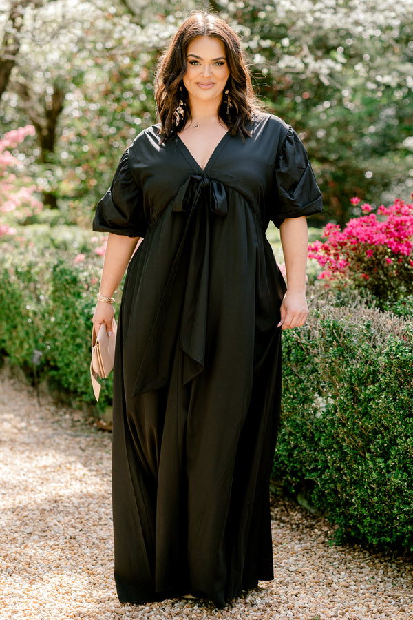 Chic Soul plus size clothing, short sleeve deep v-neckline black maxi dress with tie in the middle and ruffled sleeves