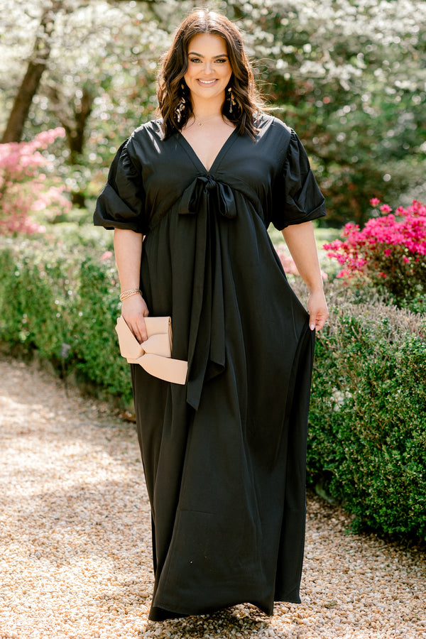 Chic Soul plus size clothing, short sleeve deep v-neckline black maxi dress with tie in the middle and ruffled sleeves