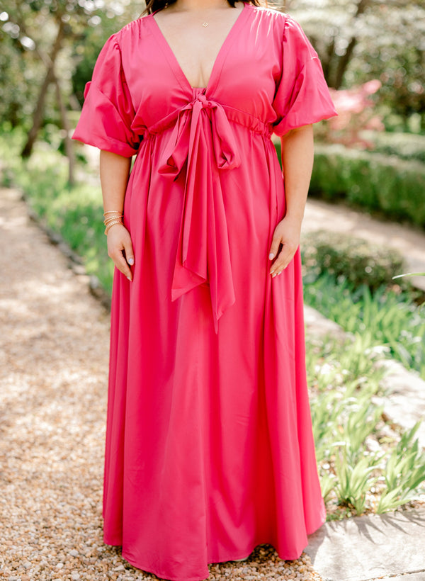 Chic Soul plus size clothing, fuchsia pink maxi dress with a tie at waist and a v neck