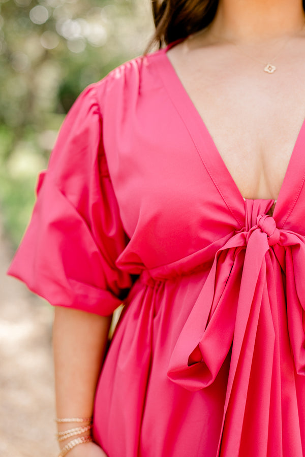 Chic Soul plus size clothing, fuchsia pink maxi dress with a tie at waist and a v neck