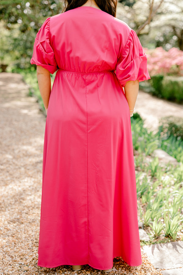 Chic Soul plus size clothing, fuchsia pink maxi dress with a tie at waist and a v neck