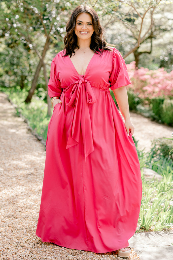 Chic Soul plus size clothing, fuchsia pink maxi dress with a tie at waist and a v neck