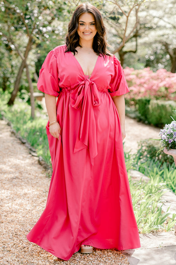 Chic Soul plus size clothing, fuchsia pink maxi dress with a tie at waist and a v neck
