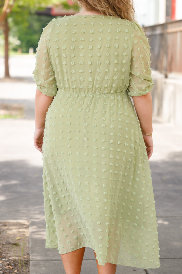 Chic Soul plus size clothing, green swiss dotted maxi dress with a cinched waistline and puff sleeves