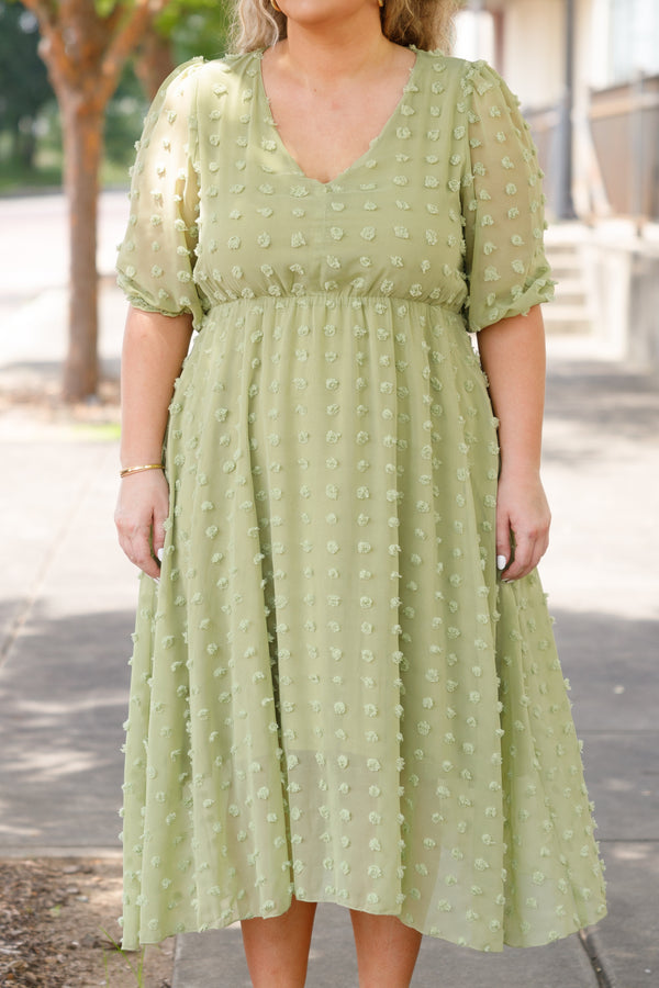 Chic Soul plus size clothing, green swiss dotted maxi dress with a cinched waistline and puff sleeves