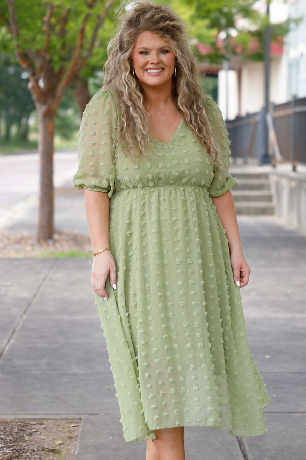 Chic Soul plus size clothing, green swiss dotted maxi dress with a cinched waistline and puff sleeves