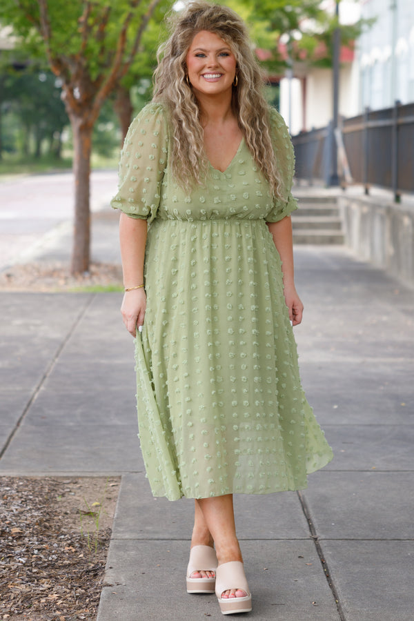 Chic Soul plus size clothing, green swiss dotted maxi dress with a cinched waistline and puff sleeves
