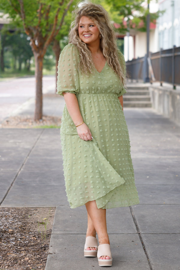 Chic Soul plus size clothing, green swiss dotted maxi dress with a cinched waistline and puff sleeves