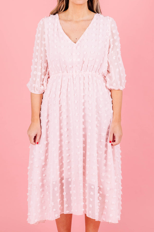 Chic Soul plus size clothing, pink swiss dotted babydoll florall midi dress