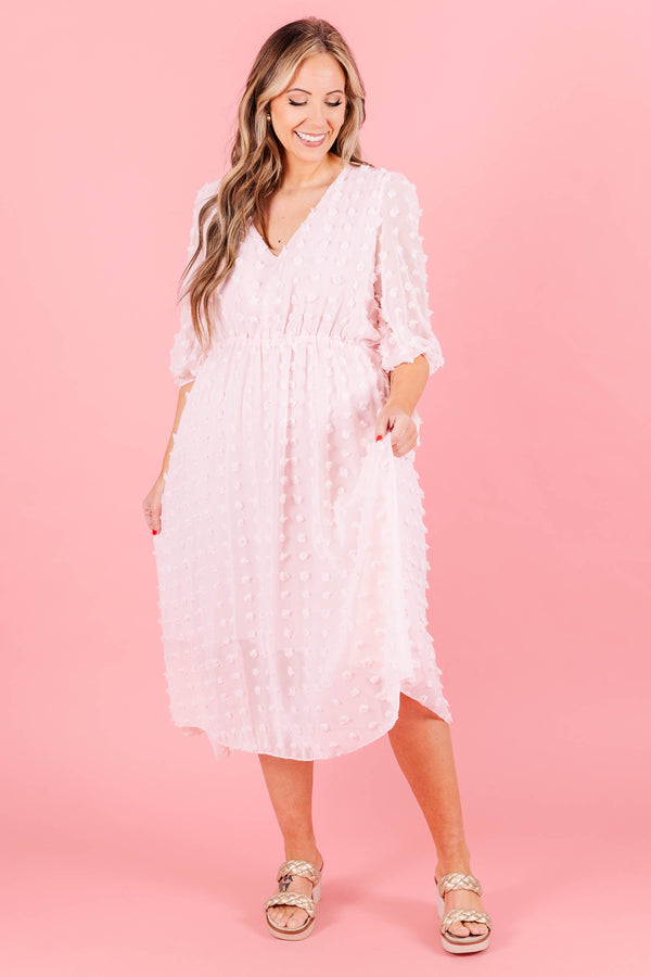 Chic Soul plus size clothing, pink swiss dotted babydoll florall midi dress