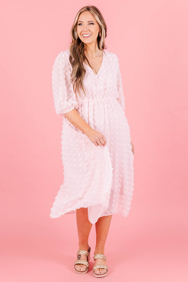 Chic Soul plus size clothing, pink swiss dotted babydoll florall midi dress