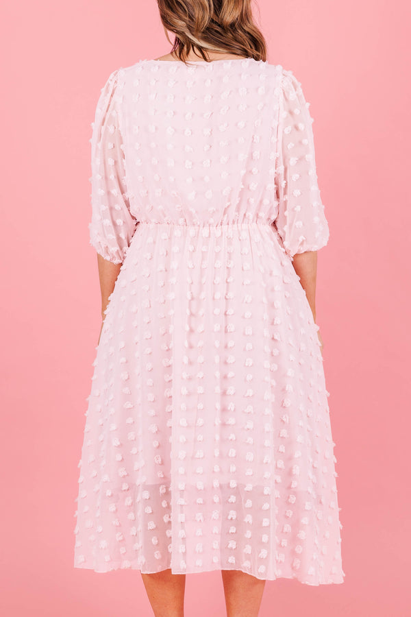 Chic Soul plus size clothing, pink swiss dotted babydoll florall midi dress
