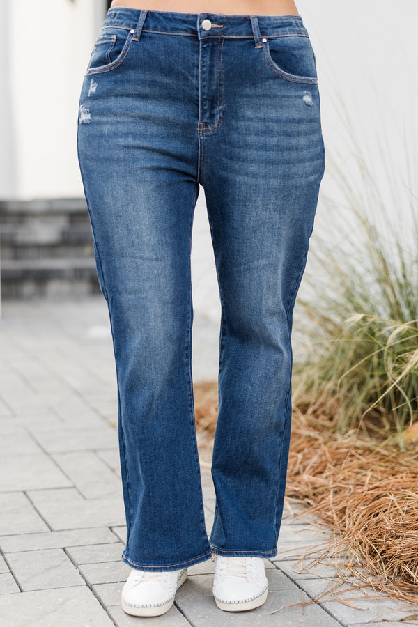 Chic Soul plus size clothing, mid-waisted dark wash straight-leg jeans with silver button detailing
