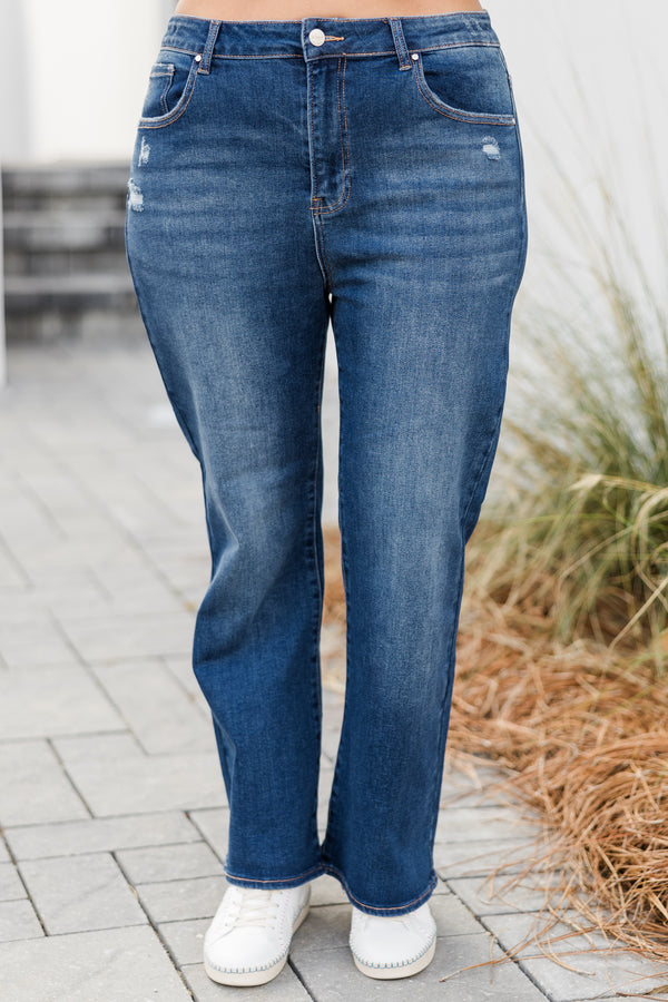 Chic Soul plus size clothing, mid-waisted dark wash straight-leg jeans with silver button detailing