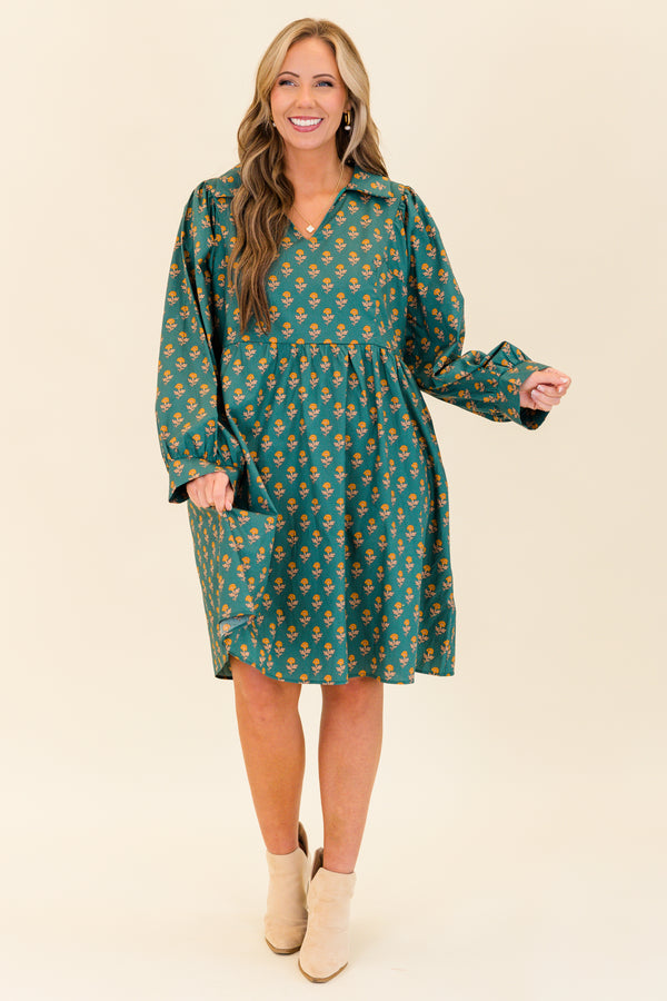 Chic Soul plus size clothing, green long sleeve mini dress with small floral print with v neckline and collar detail with cuff sleeves