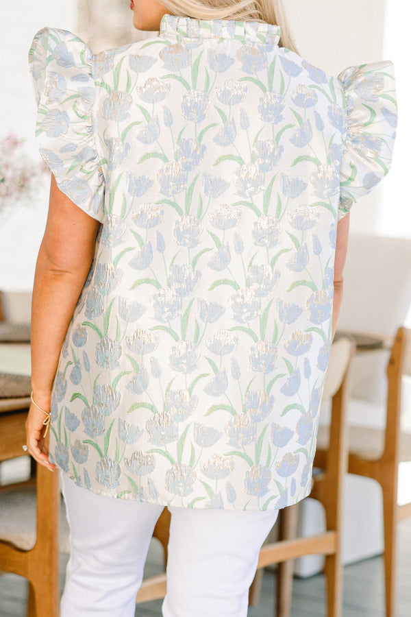 Chic Soul plus size clothing, blue short sleeve top with raised floral print with flare sleeve detail with v neckline