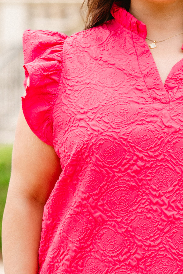 Plus Size hot pink textured top with monochromatic floral print, split v-neck, and ruffle sleeves.