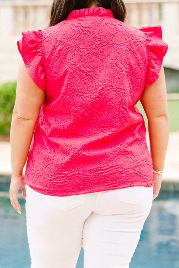 Plus Size hot pink textured top with monochromatic floral print, split v-neck, and ruffle sleeves.