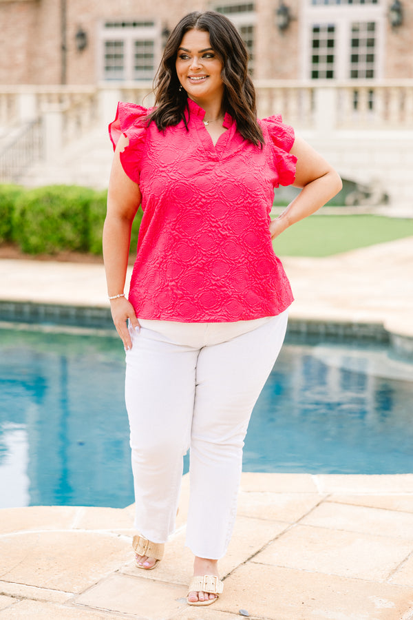 Plus Size hot pink textured top with monochromatic floral print, split v-neck, and ruffle sleeves.