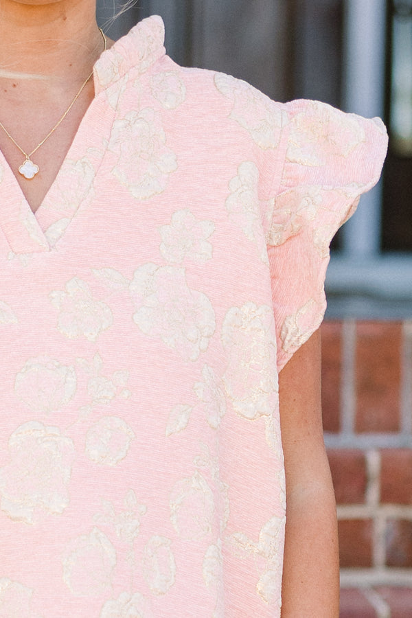 Chic Soul plus size clothing, pink short sleeve top with raised floral print with flare sleeve detail with v neckline