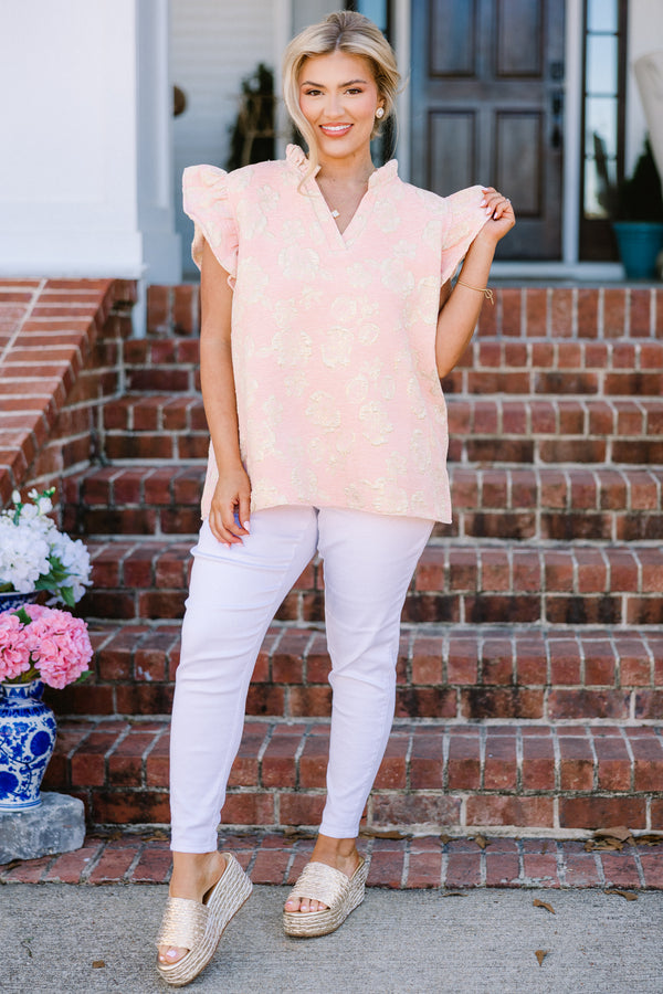 Chic Soul plus size clothing, pink short sleeve top with raised floral print with flare sleeve detail with v neckline