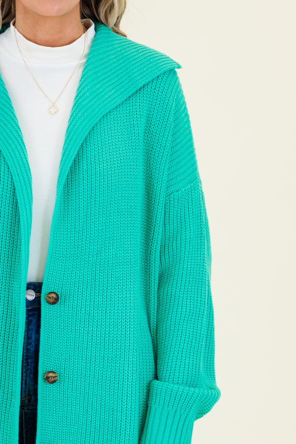 Chic Soul plus size clothing, knee-length long-sleeve emerald green knit cardigan with tortoise button detailing