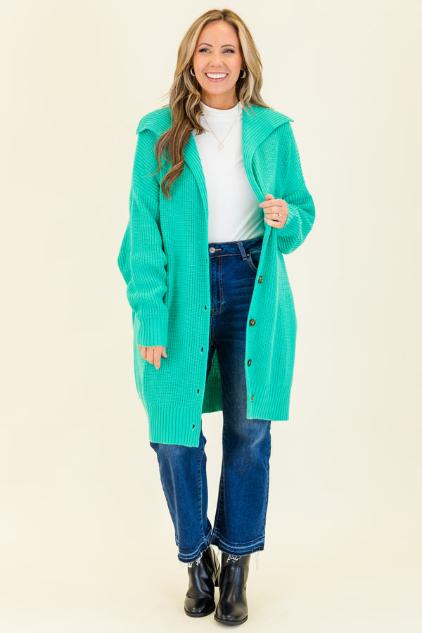 Chic Soul plus size clothing, knee-length long-sleeve emerald green knit cardigan with tortoise button detailing