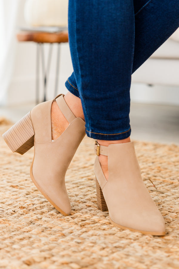 Chic Soul plus size clothing, taupe closed toe wood heel booties with strap and gold hardware buckle detail with pointed toe