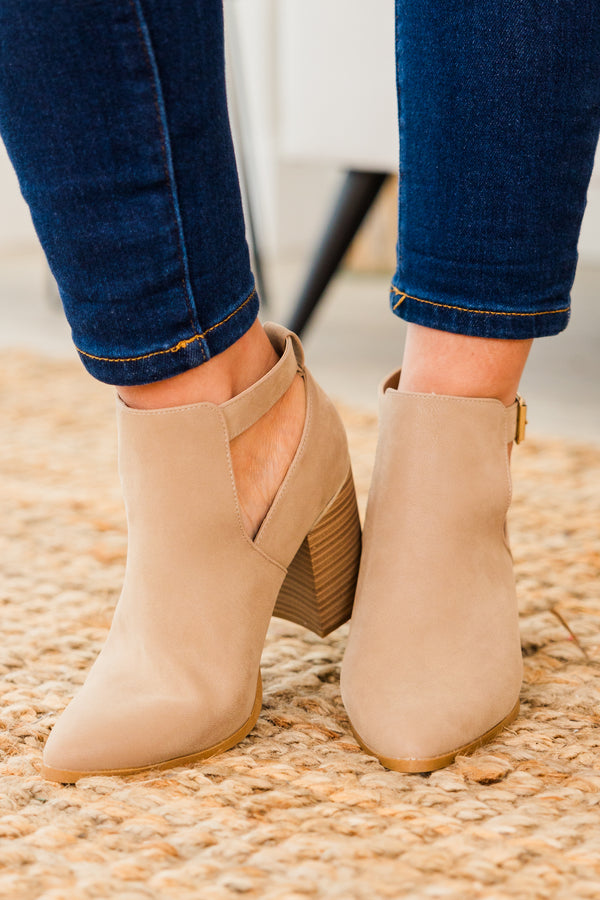 Chic Soul plus size clothing, taupe closed toe wood heel booties with strap and gold hardware buckle detail with pointed toe