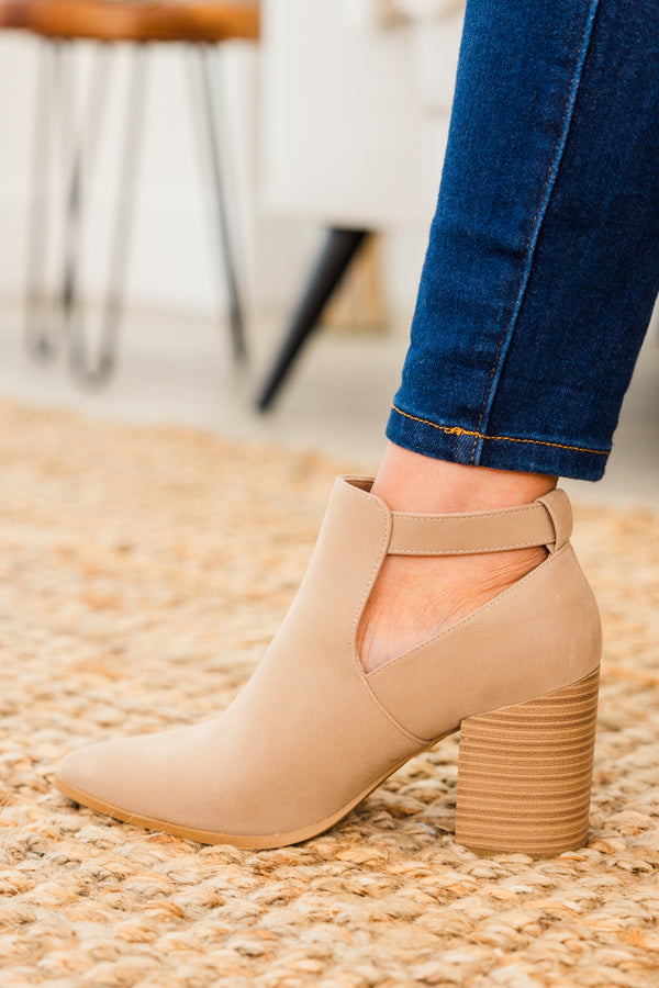 Chic Soul plus size clothing, taupe closed toe wood heel booties with strap and gold hardware buckle detail with pointed toe