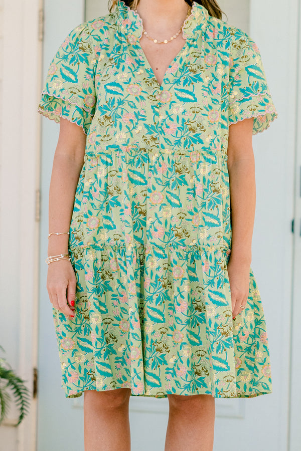 Chic Soul plus size clothing, green floral short dress with button down front