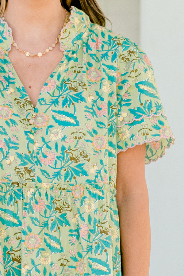 Chic Soul plus size clothing, green floral short dress with button down front