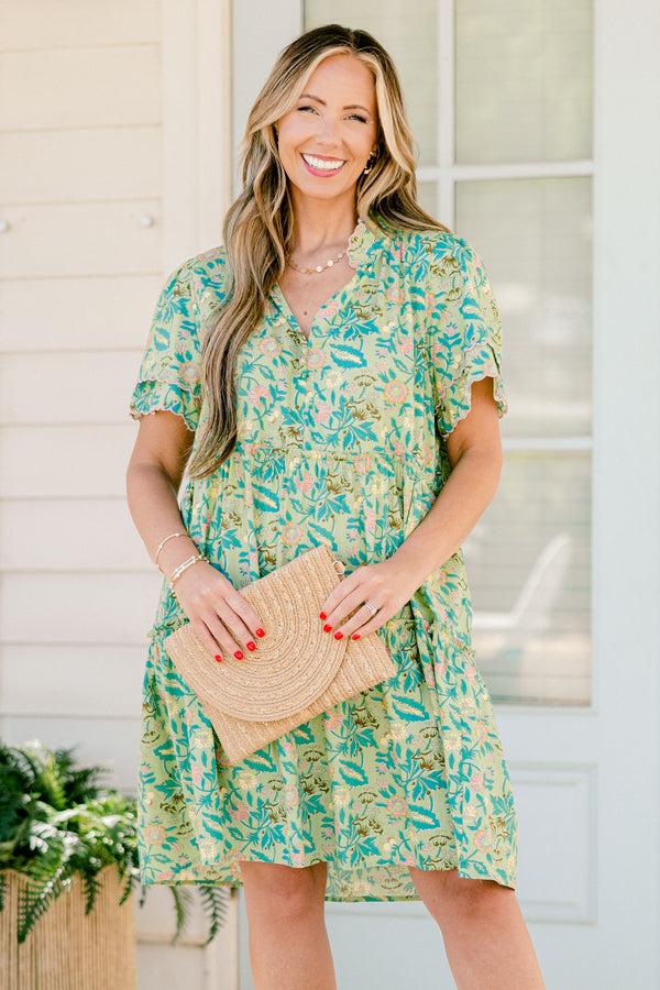 Chic Soul plus size clothing, green floral short dress with button down front