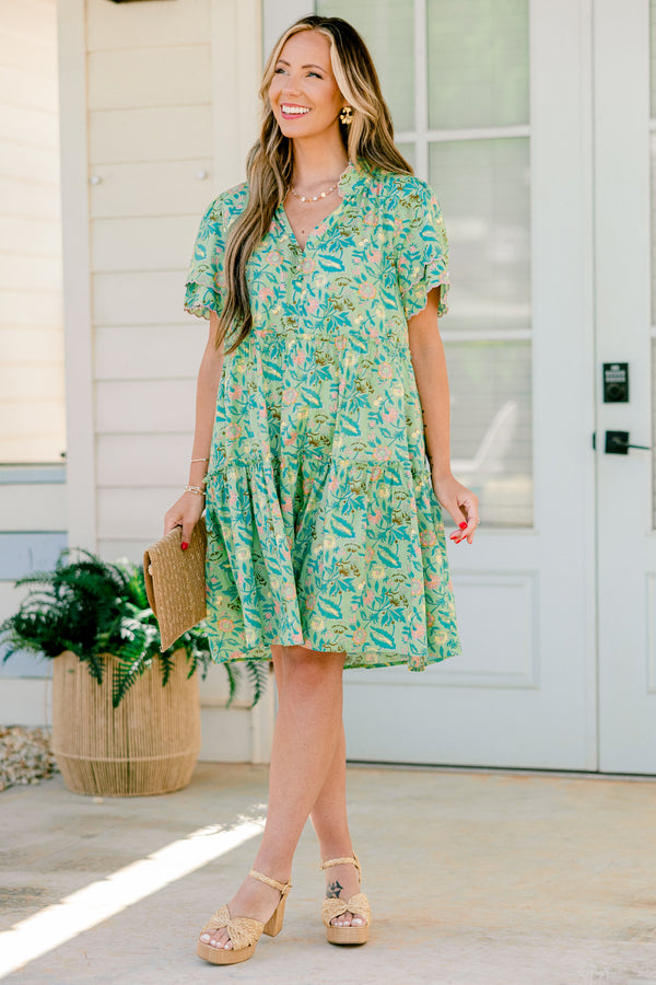 Chic Soul plus size clothing, green floral short dress with button down front